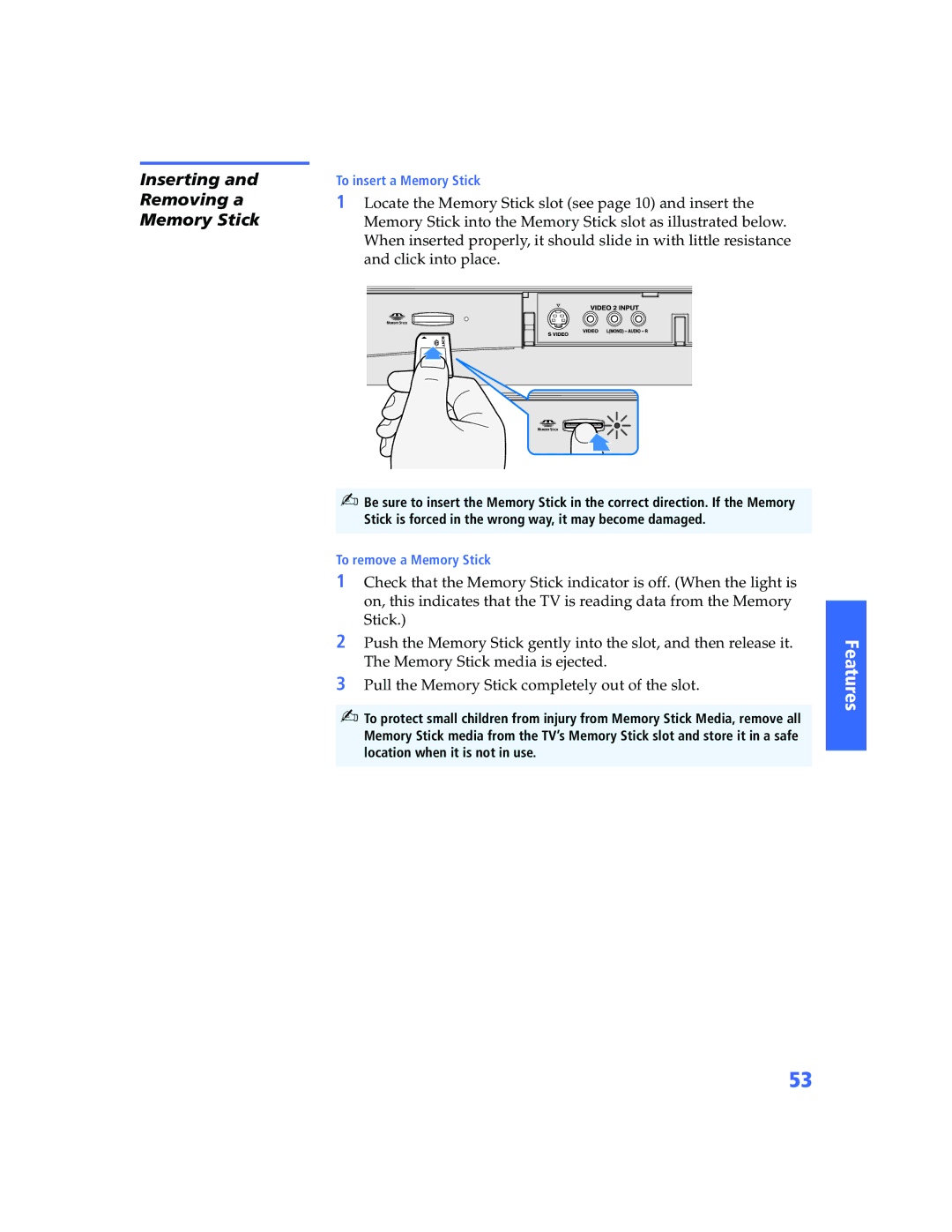 Sony KV-32HS500 manual Inserting Removing a Memory Stick 