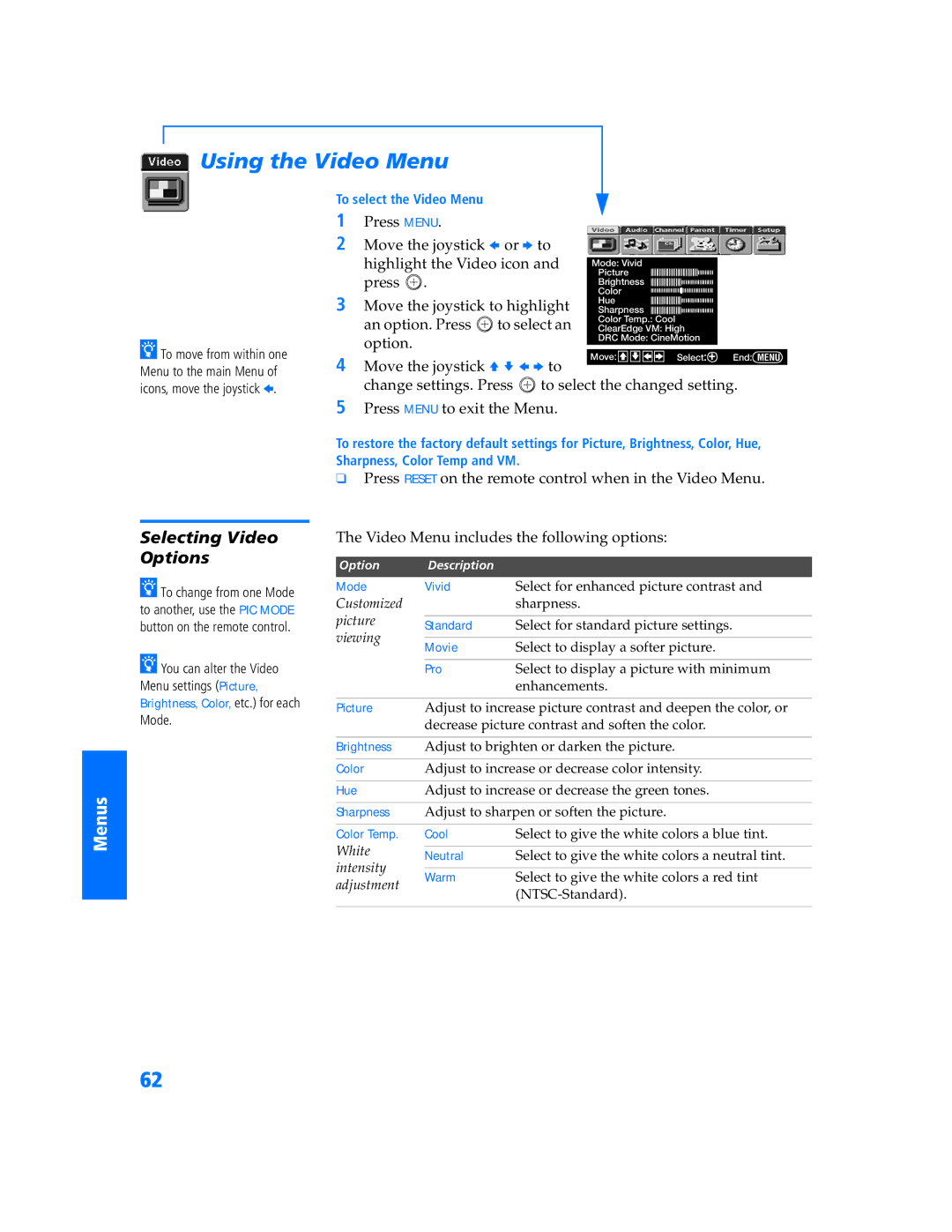 Sony KV-32HS500 manual Using the Video Menu, Selecting Video Options 