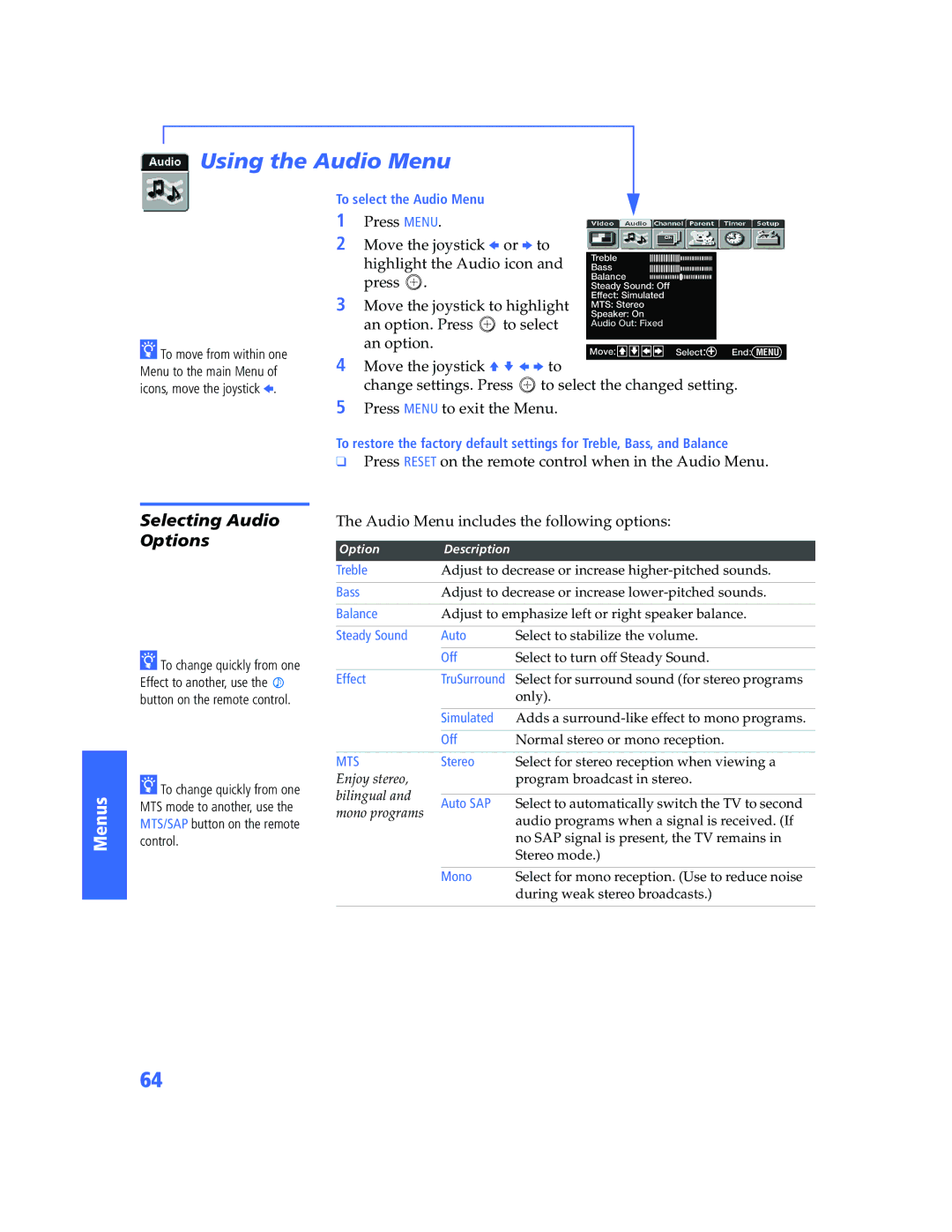 Sony KV-32HS500 manual Using the Audio Menu, Press Menu Move the joystick B or b to 