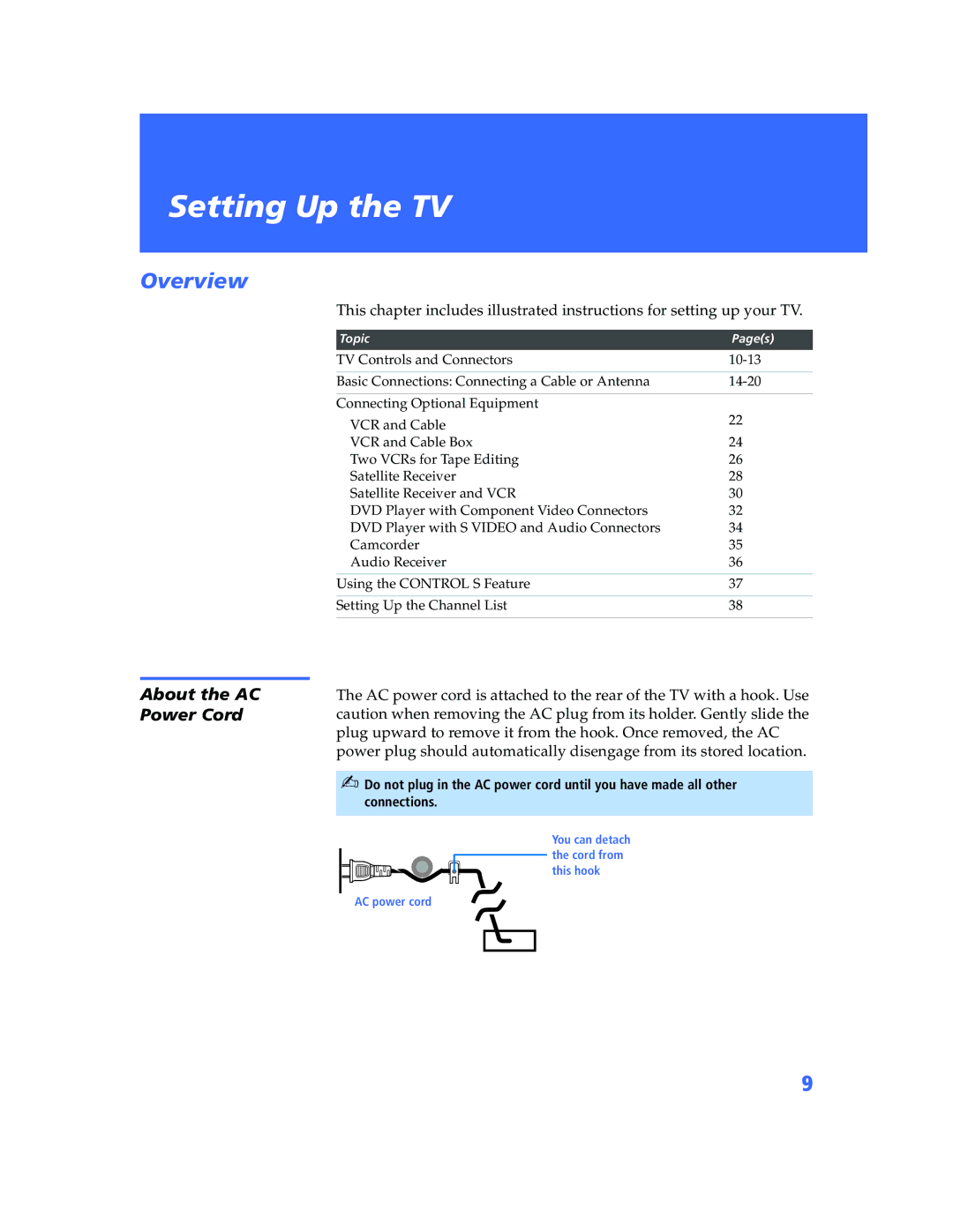 Sony KV-32HV600 manual Setting Up the TV, About the AC Power Cord 