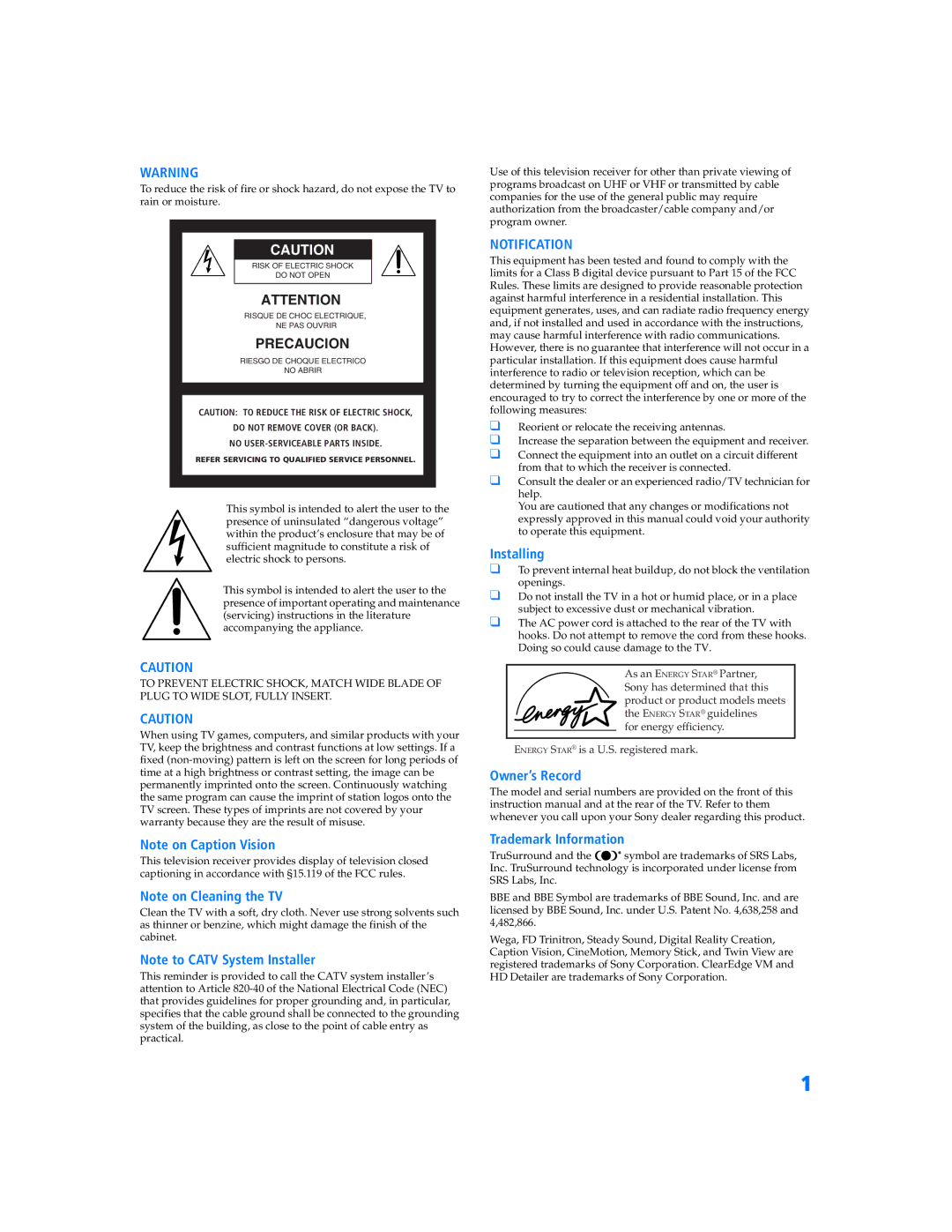 Sony KV-32HV600 manual Notification 