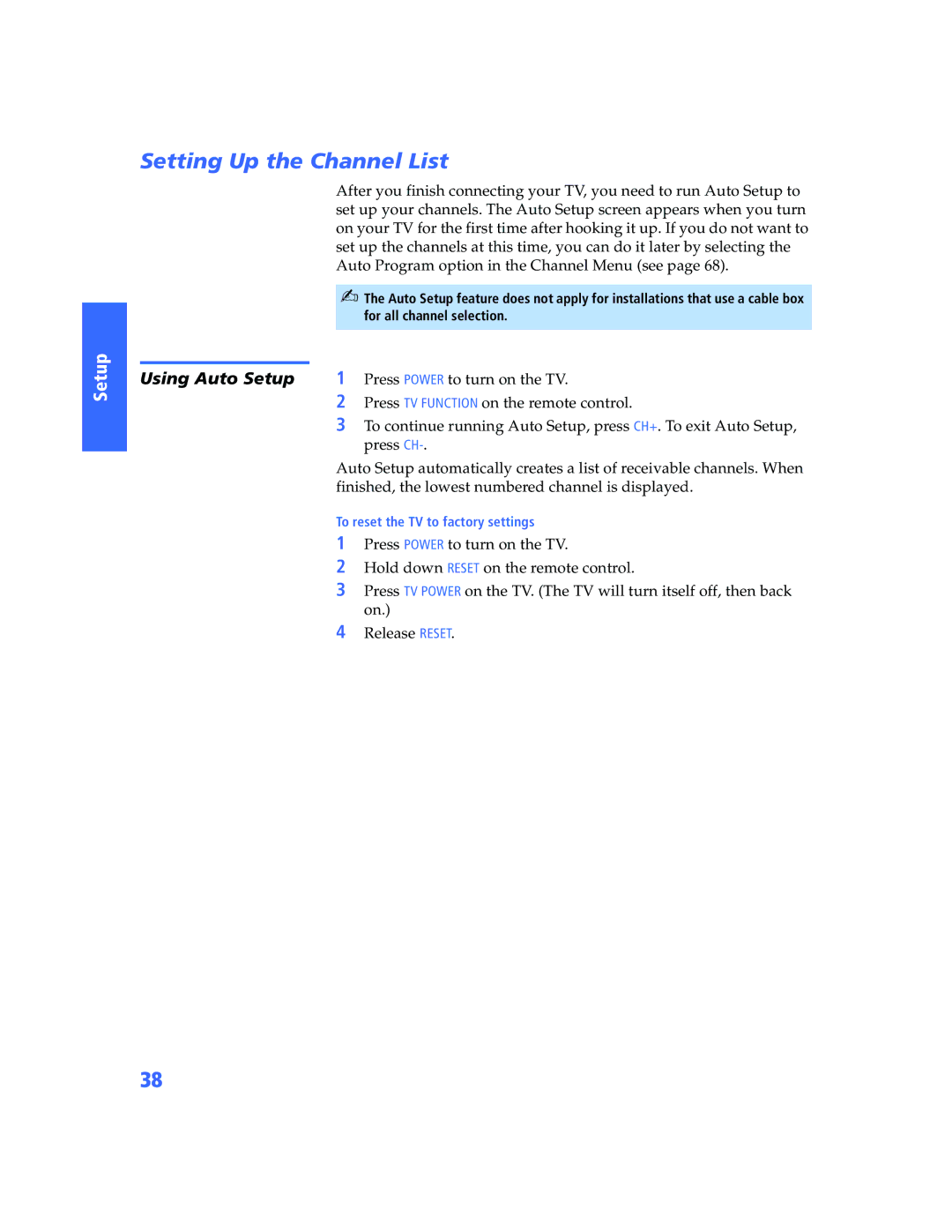 Sony KV-32HV600 manual Setting Up the Channel List, Using Auto Setup, Press Power to turn on the TV, Press CH 