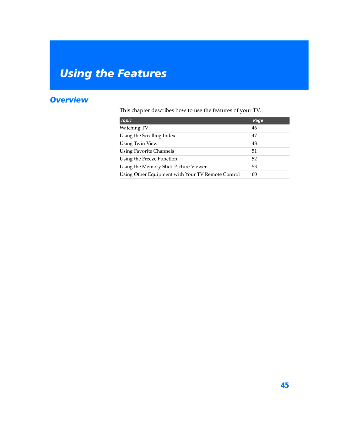 Sony KV-32HV600 manual Using the Features, This chapter describes how to use the features of your TV 