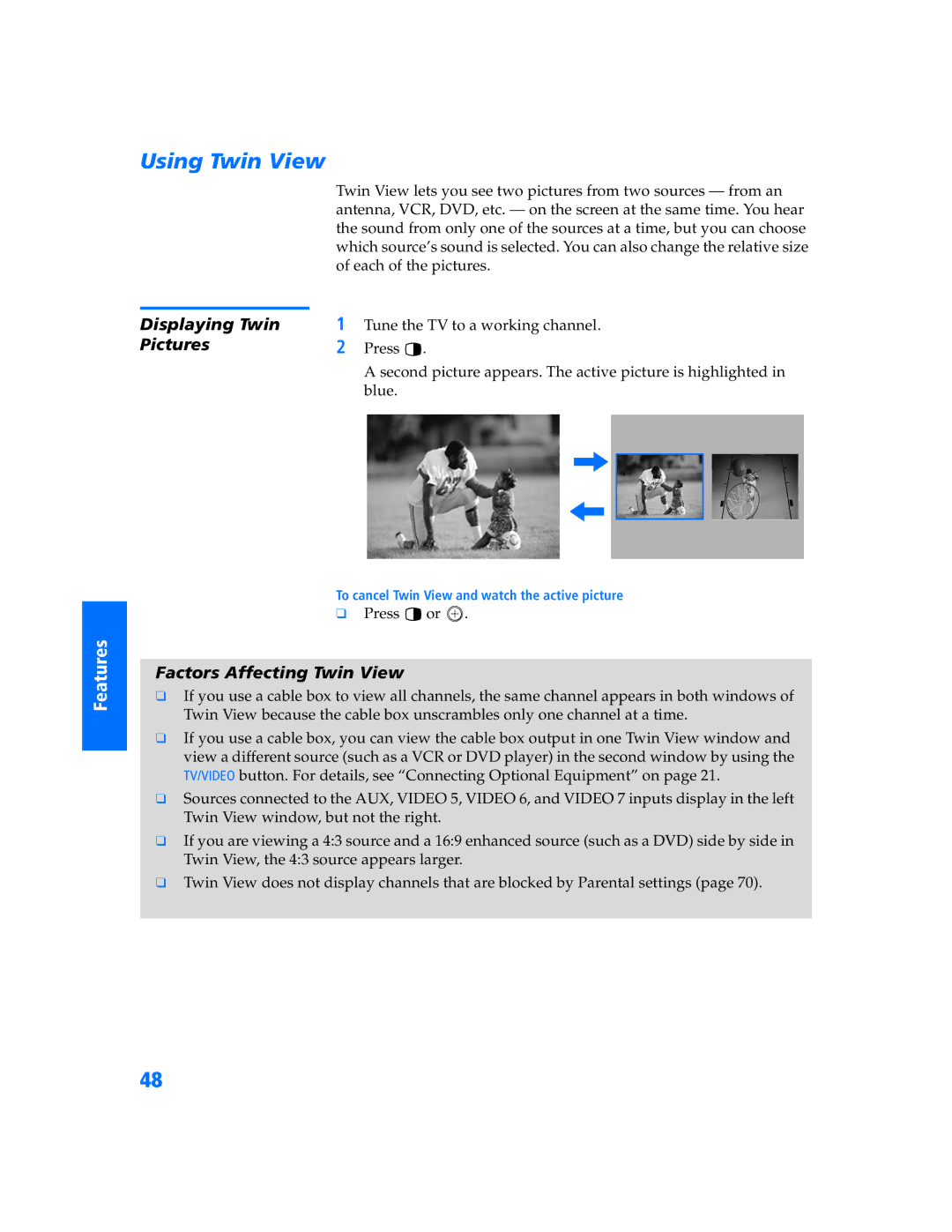 Sony KV-32HV600 manual Using Twin View, Displaying Twin, Pictures, Factors Affecting Twin View 