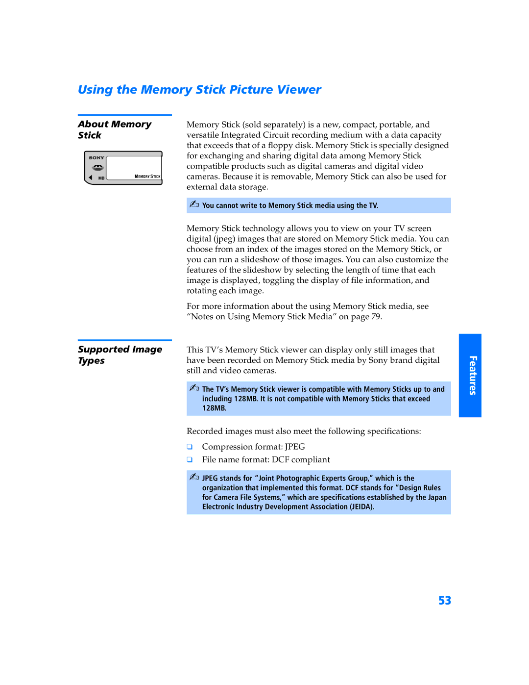 Sony KV-32HV600 manual Using the Memory Stick Picture Viewer, About Memory Stick Supported Image Types 