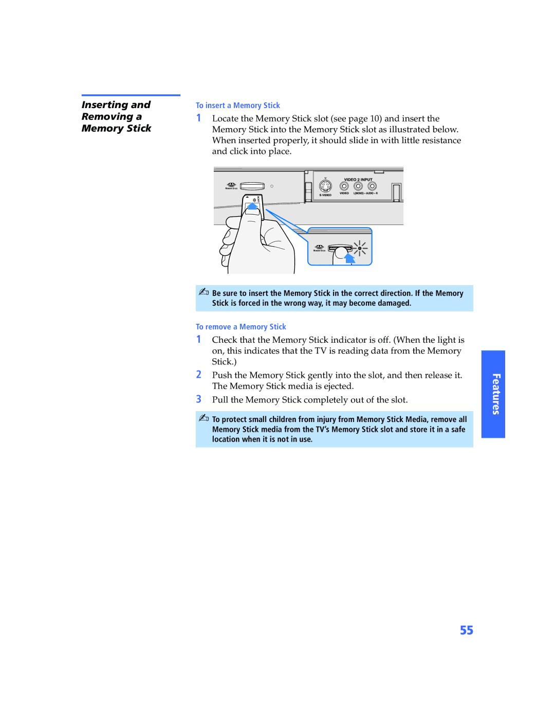 Sony KV-32HV600 manual Inserting Removing a Memory Stick 