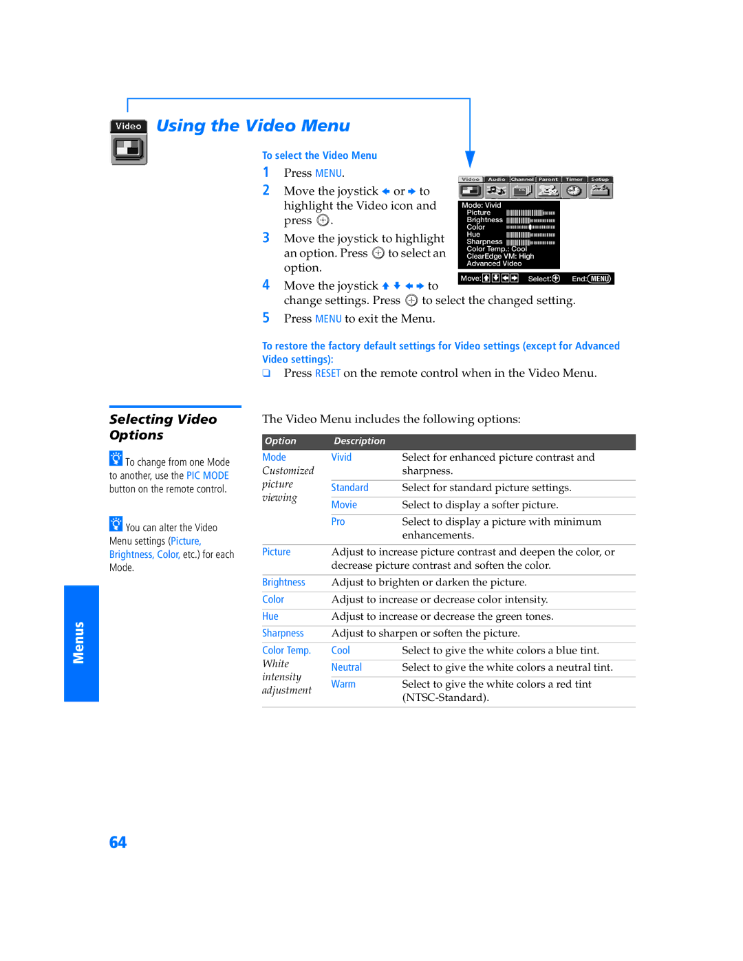 Sony KV-32HV600 manual Using the Video Menu, Selecting Video Options 