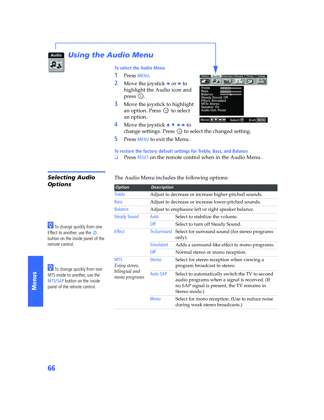 Sony KV-32HV600 manual Using the Audio Menu, Selecting Audio Options, Press Menu Move the joystick B or b to 