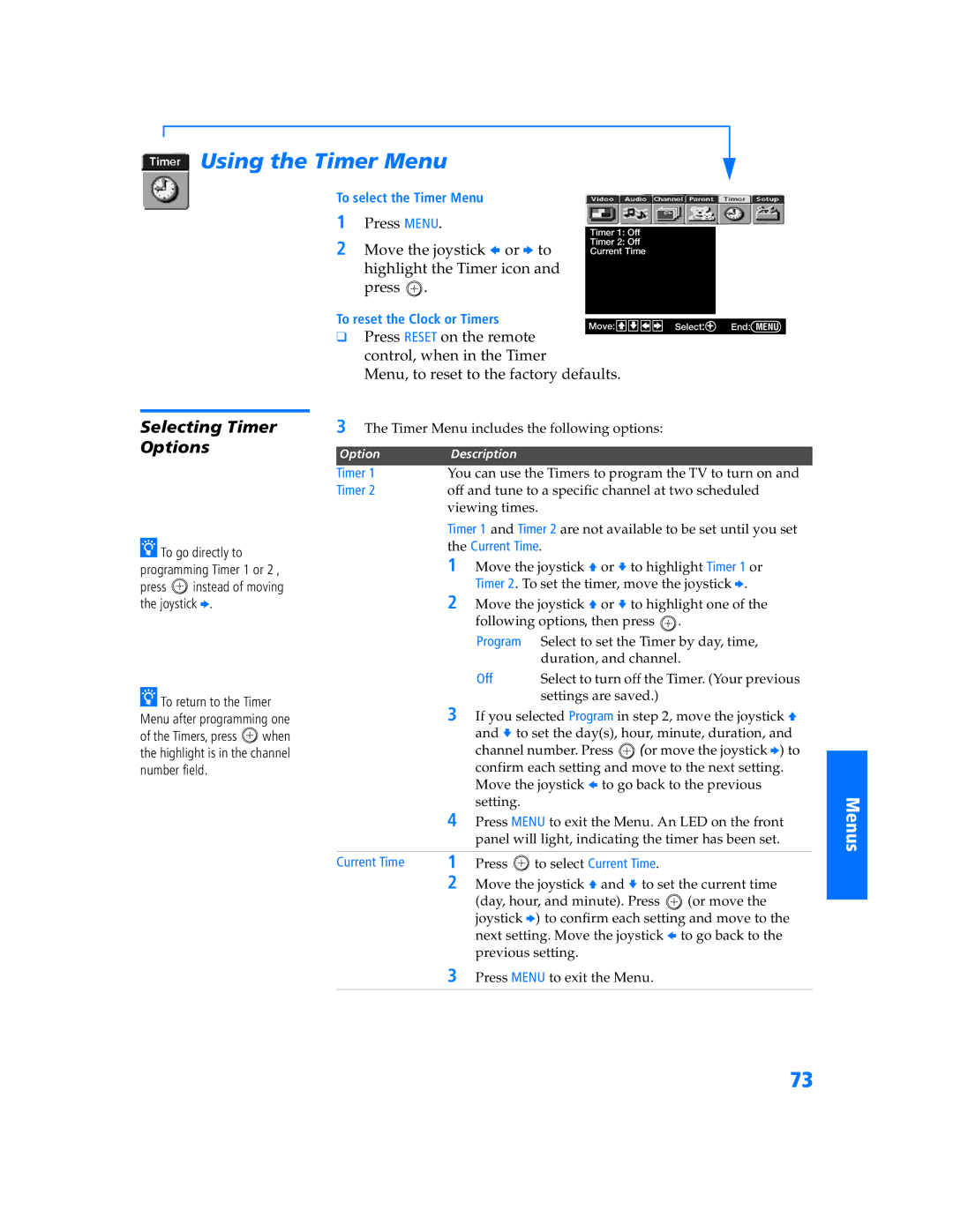 Sony KV-32HV600 manual Using the Timer Menu, Selecting Timer Options, Press Menu 