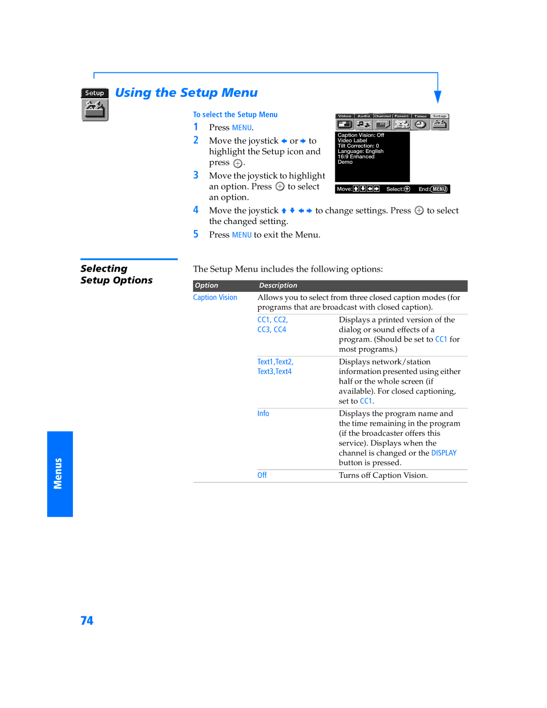 Sony KV-32HV600 manual Using the Setup Menu, Selecting Setup Options 