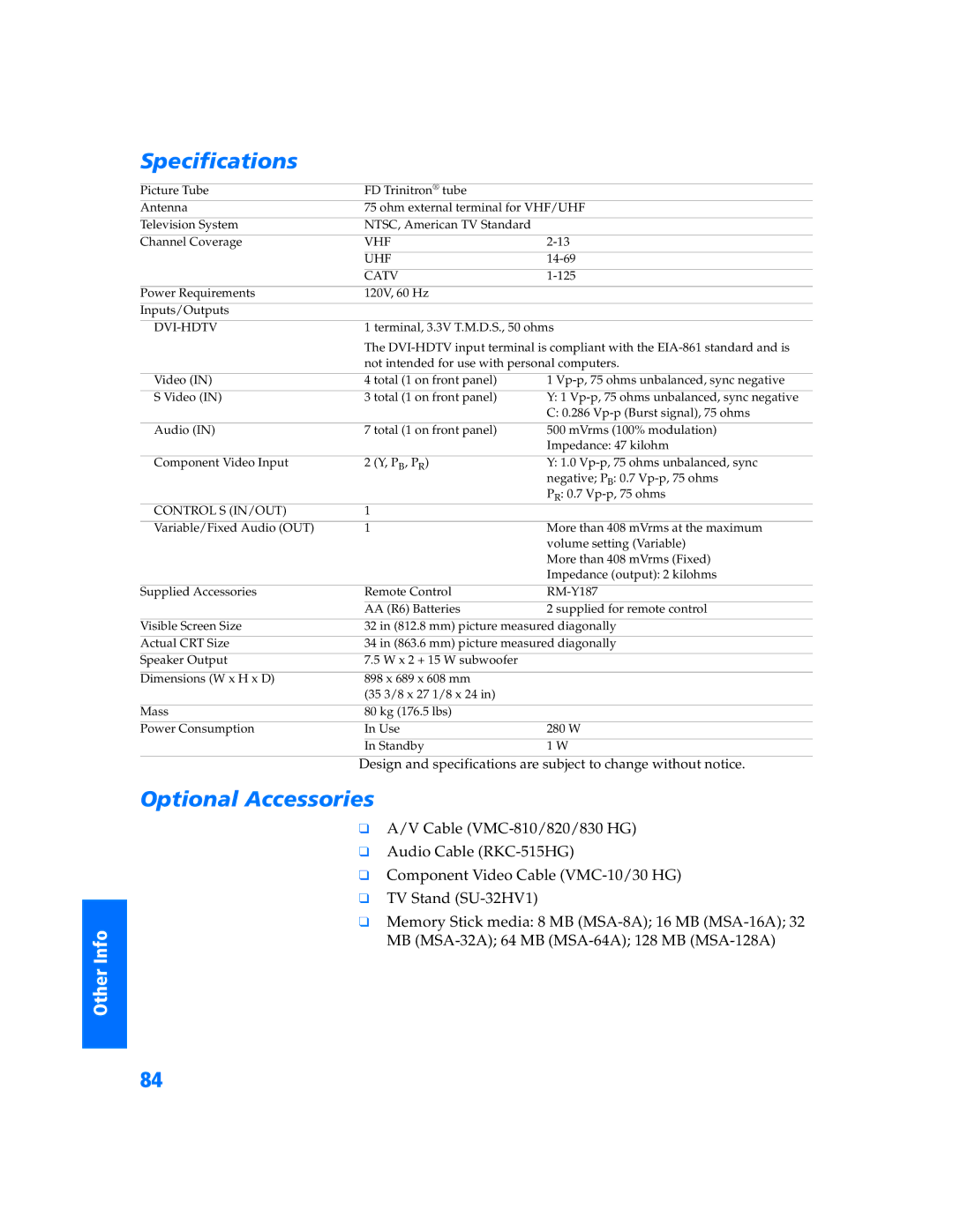 Sony KV-32HV600 manual Specifications, Optional Accessories 