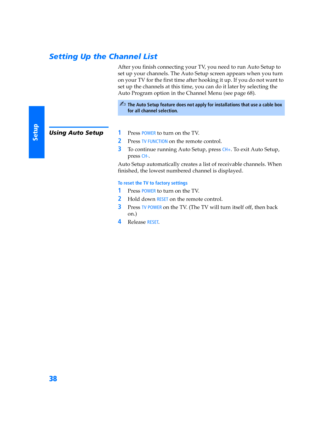 Sony KV 32HV600 manual Setting Up the Channel List, Using Auto Setup, Press Power to turn on the TV, Press CH 