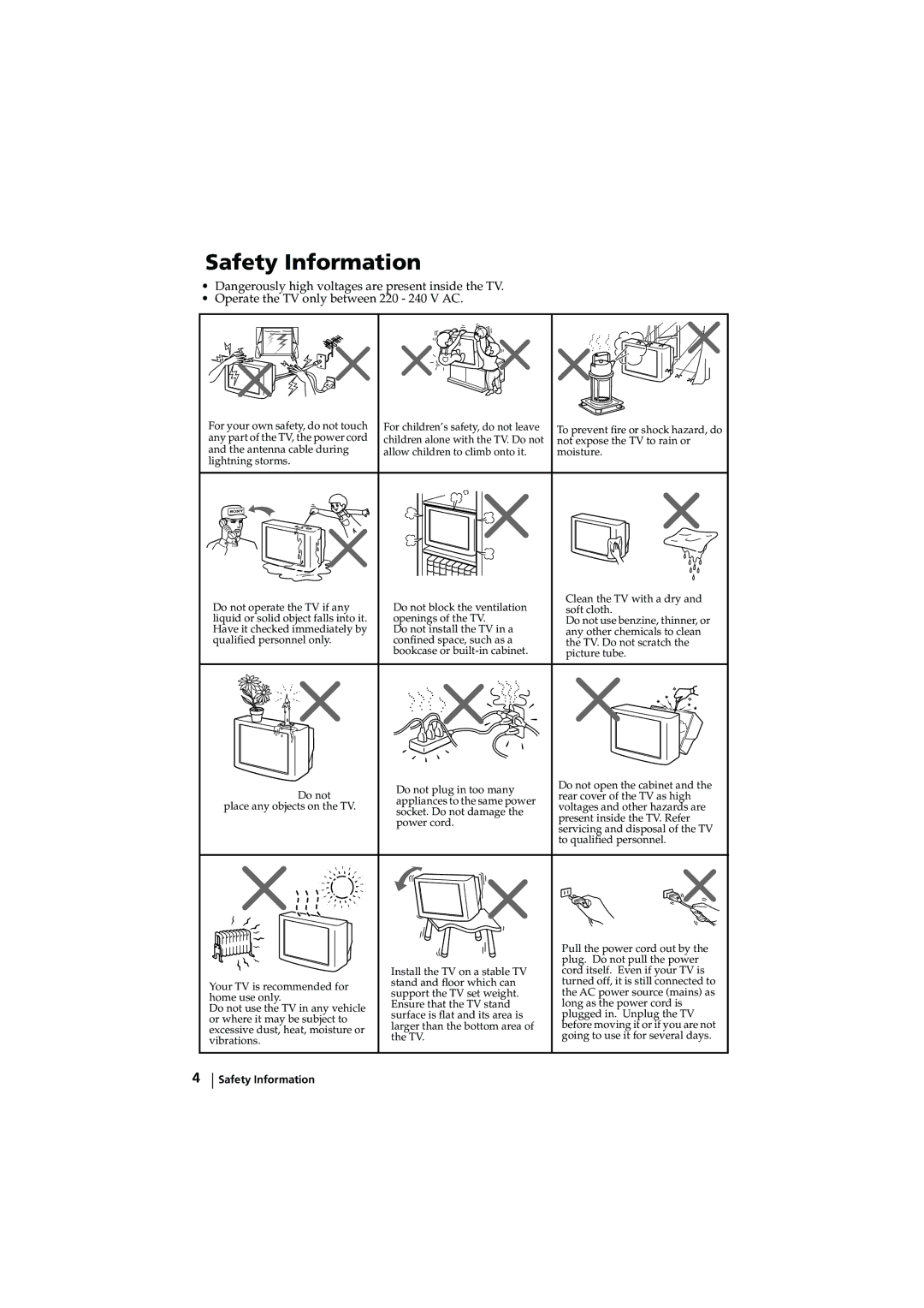 Sony KV-32LS65AUS instruction manual Safety Information, Operate the TV only between 220 240 V AC 