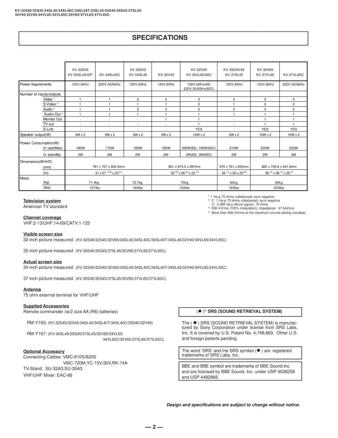 Sony KV 35S45, KV 32S40, KV 32S45, KV 32V65, KV 35S40, KV-37VL65, KV-34SL40, KV-32V40, KV-34VL65, KV-35V65 Specifications 