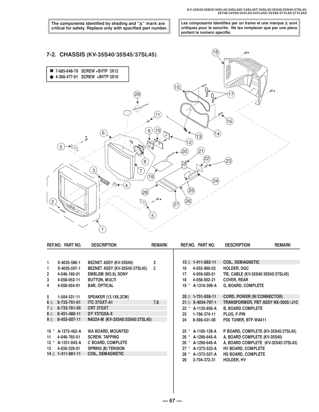 Sony KV 32V65 Beznet Assy KV-35S40, BAR, Optical, ITC 37GXT-A1, CRT 37GXT, DY Y37GXA-X, WA BOARD, Mounted, Holder, Dgc 