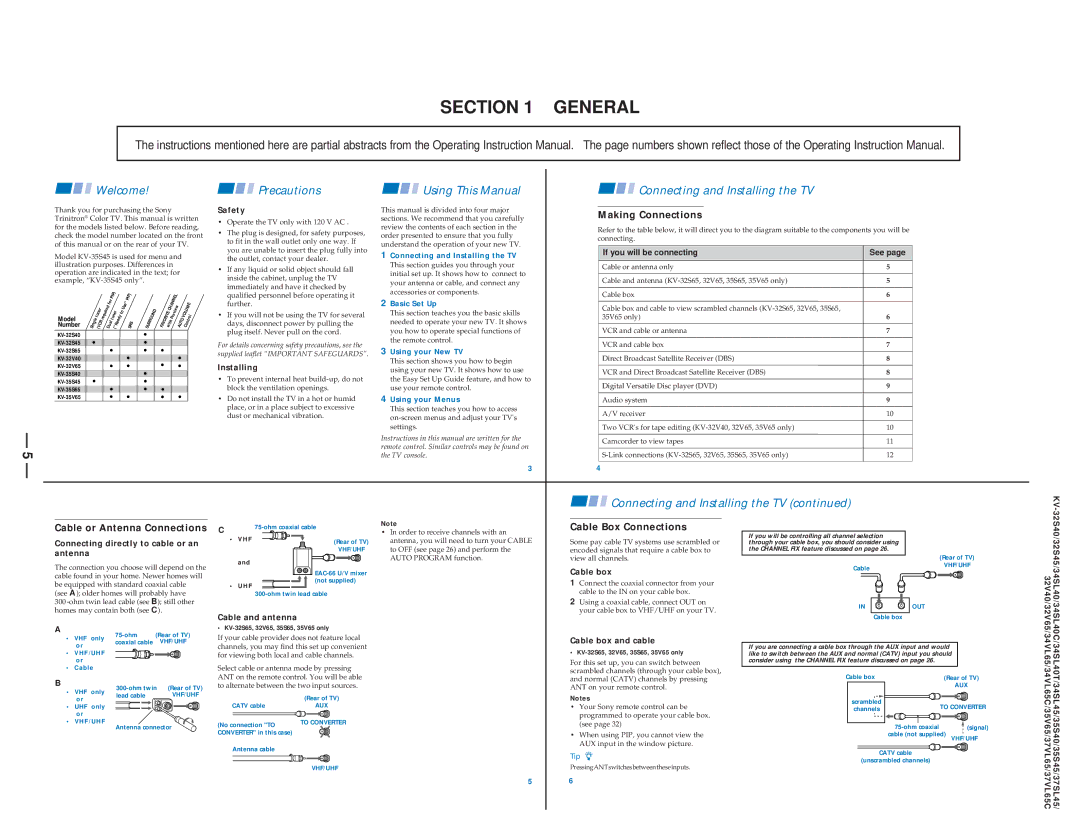 Sony KV-37VL65, KV 32S40, KV 32S45, KV 35S45, KV 32V65, KV 35S40, KV-32V40, KV-34VL65, KV-35V65, KV-34SL40C, KV-37SL45 General 