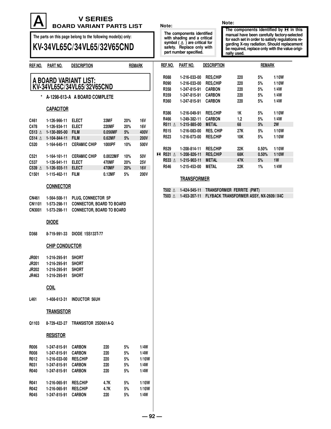 Sony KV-34VL65C, KV 32S40, KV 32S45, KV 35S45, KV 32V65, KV 35S40, KV-37VL65, KV-34SL40, KV-32V40 A Board Complete Capacitor 