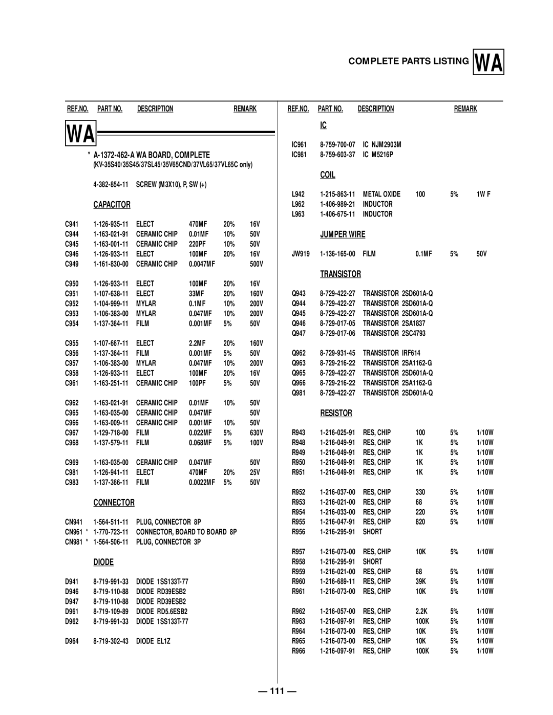 Sony KV-37VL65C, KV 32S40, KV 32S45, KV 35S45, KV 32V65, KV 35S40, KV-34SL40, KV-32V40, KV-34VL65 WA BOARD, Complete, Jumper Wire 