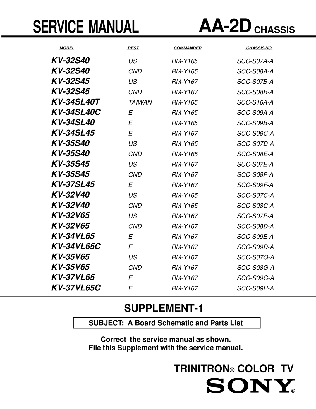 Sony KV 35S40, KV 32S40, KV 32S45, KV 35S45, KV 32V65, KV-37VL65, KV-32V40, KV-34VL65, KV-35V65, KV-34SL40C SUPPLEMENT-1 