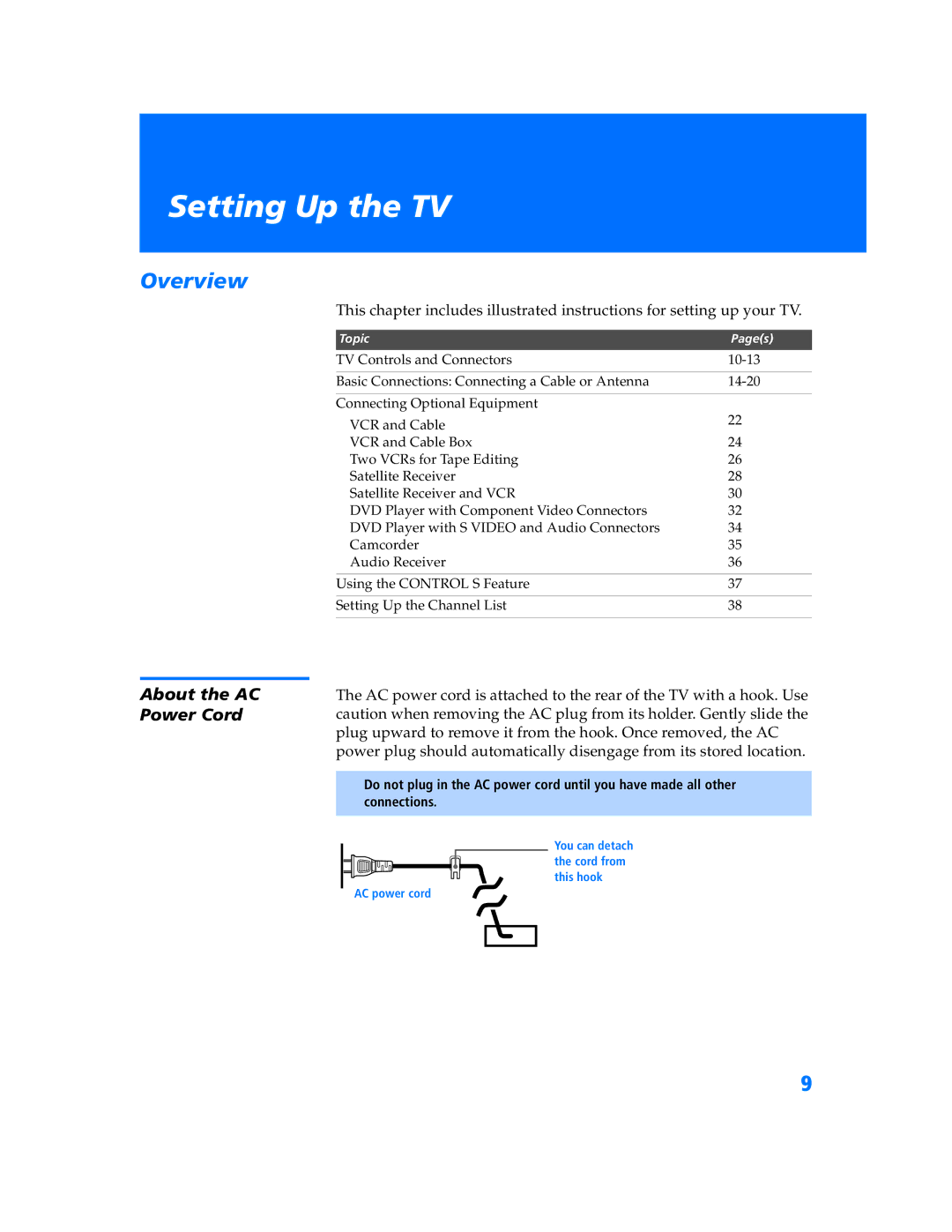 Sony KV-34XBR800 operating instructions Setting Up the TV, About the AC Power Cord 