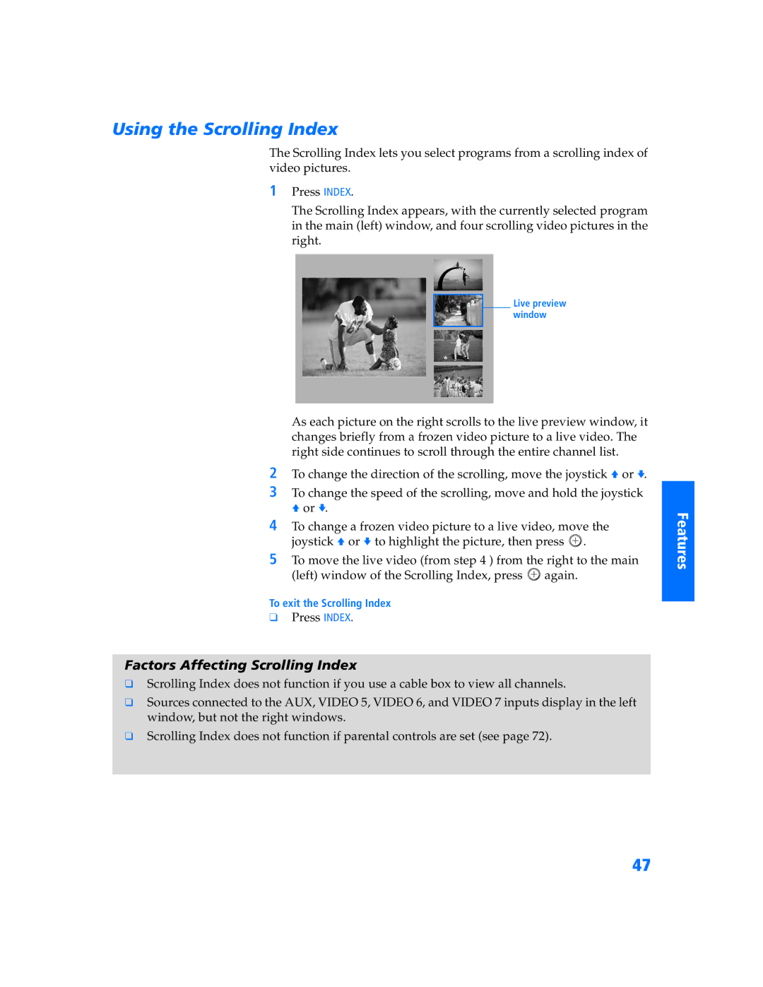 Sony KV-34XBR800 operating instructions Factors Affecting Scrolling Index 