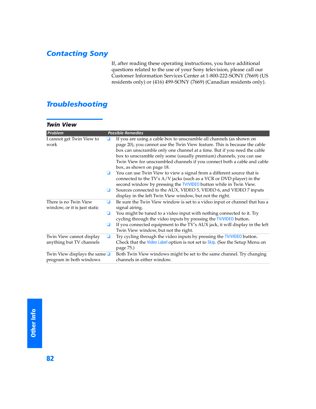 Sony KV-34XBR800 operating instructions Contacting Sony, Troubleshooting, Twin View 