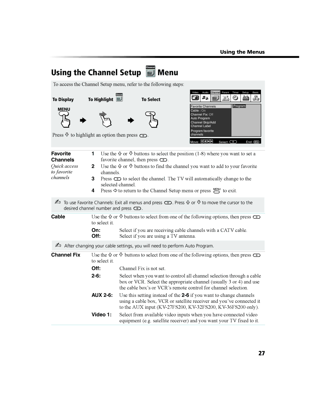 Sony KV 36FS100, KV 27FS200, KV 36FS200, KV 32FS100, KV-32FS200 manual Using the Channel Setup Menu, Favorite Channels, Cable 