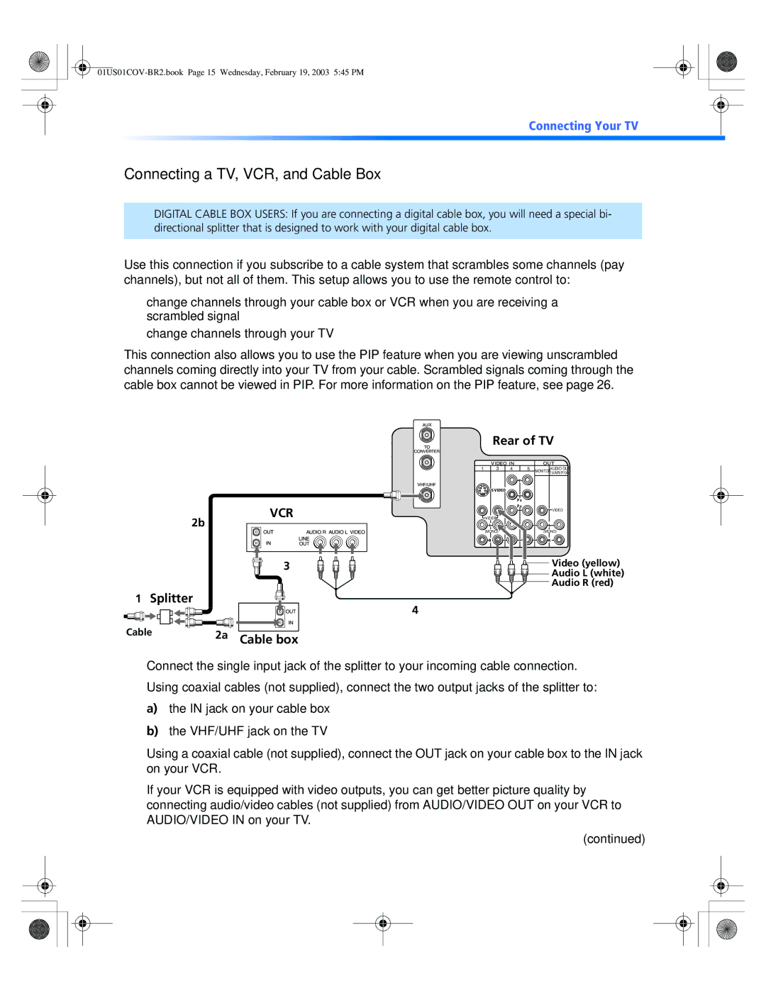 Sony KV-27FV310, KV-32FV310, KV-36FV310, KV 36FV310 Connecting a TV, VCR, and Cable Box, Splitter, Cable box Rear of TV 