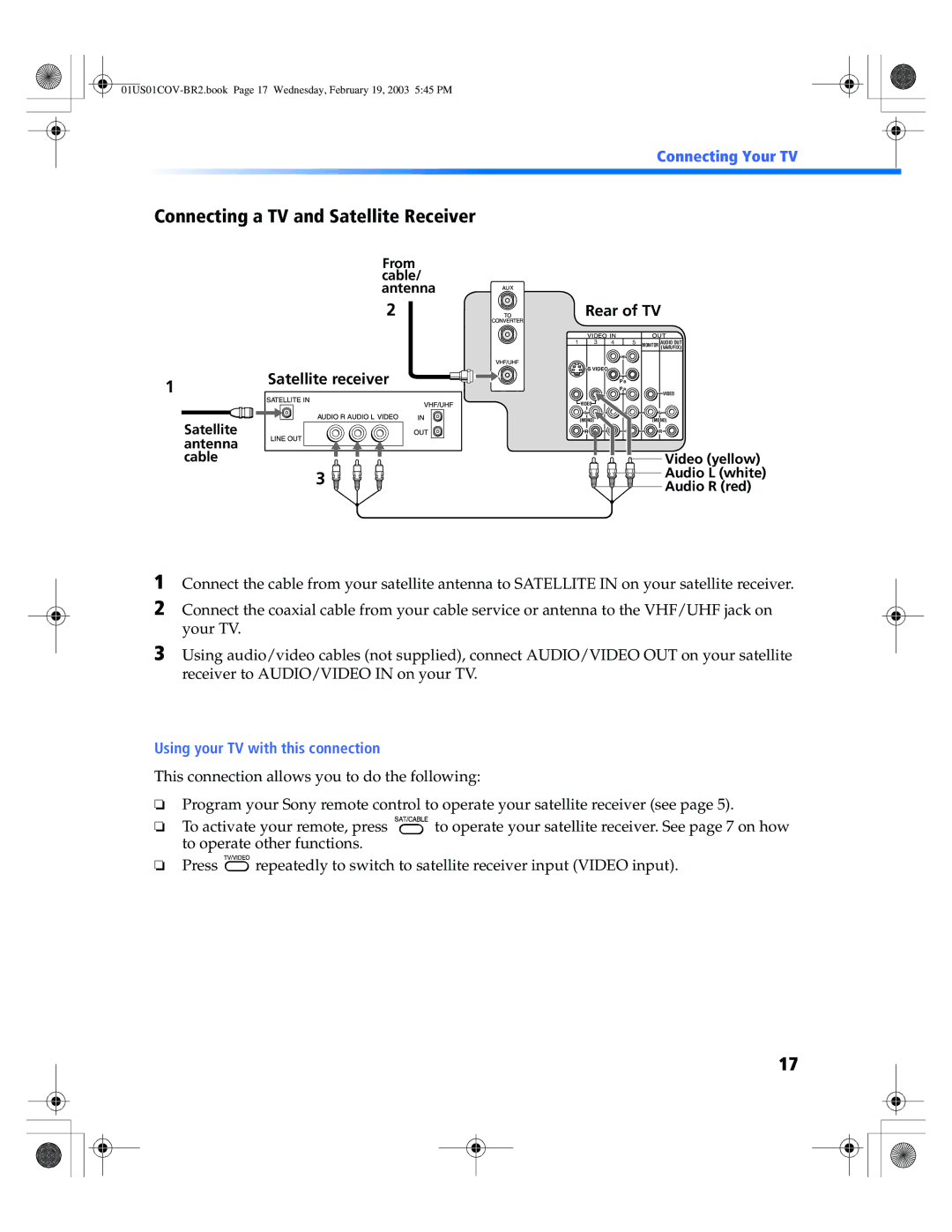 Sony KV 32FV310, KV 36FV310, KV-27FV310, KV-32FV310, KV-36FV310 manual Connecting a TV and Satellite Receiver 