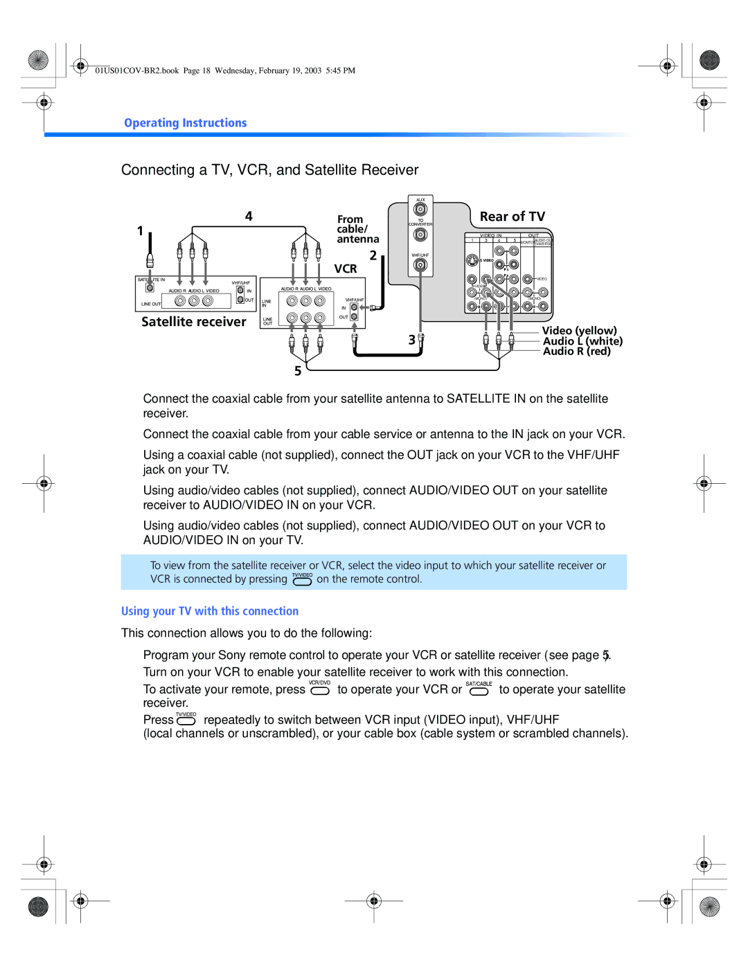 Sony KV-27FV310, KV-32FV310, KV-36FV310, KV 36FV310, KV 32FV310 manual Connecting a TV, VCR, and Satellite Receiver 