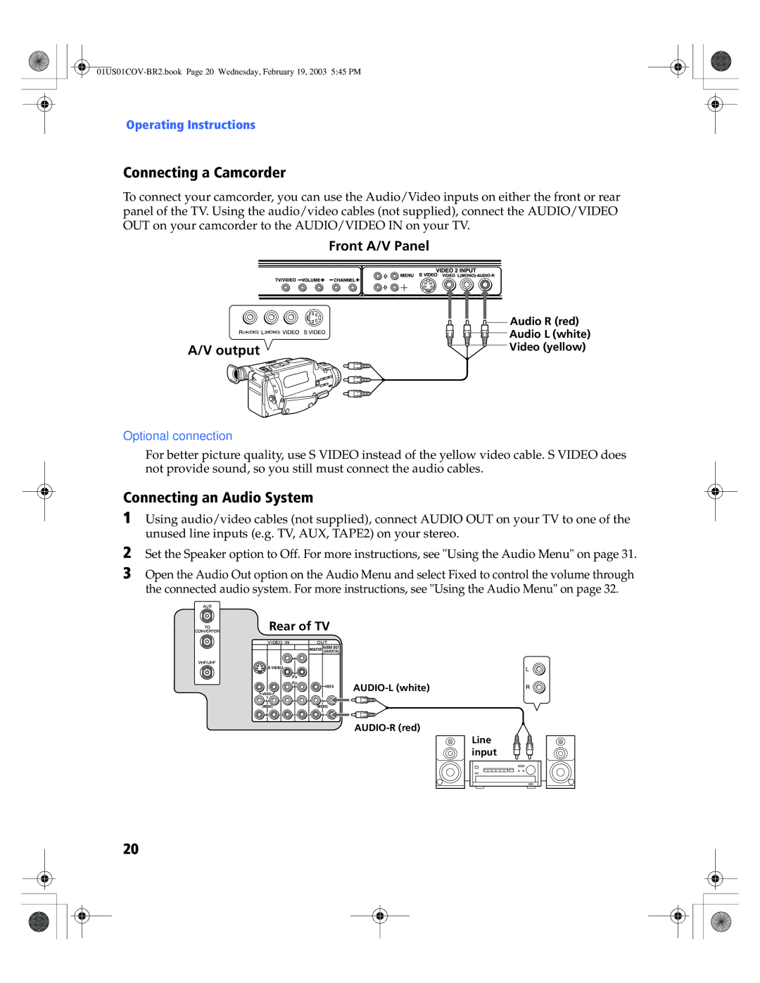 Sony KV 32FV310, KV 36FV310, KV-27FV310, KV-32FV310, KV-36FV310 manual Connecting a Camcorder, Connecting an Audio System 