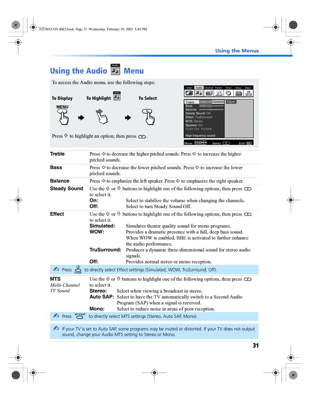 Sony KV 36FV310, KV 32FV310, KV-27FV310, KV-32FV310, KV-36FV310 manual Using the Audio Menu 