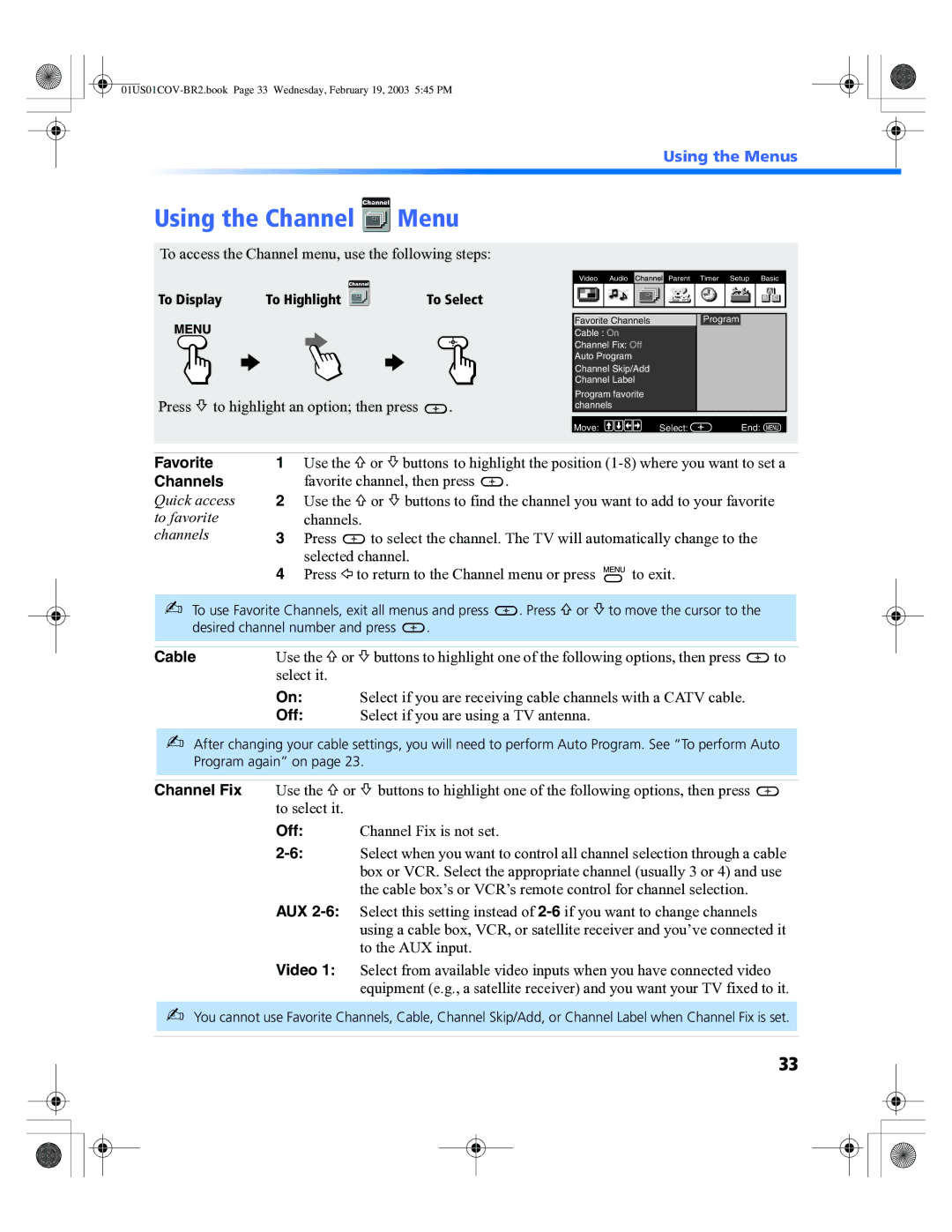 Sony KV-27FV310, KV-32FV310, KV-36FV310 Using the Channel Menu, To access the Channel menu, use the following steps, Cable 