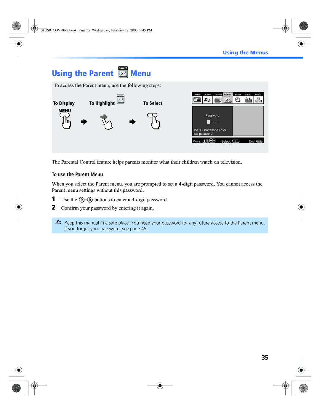 Sony KV 32FV310 manual Using the Parent Menu, To access the Parent menu, use the following steps, To use the Parent Menu 