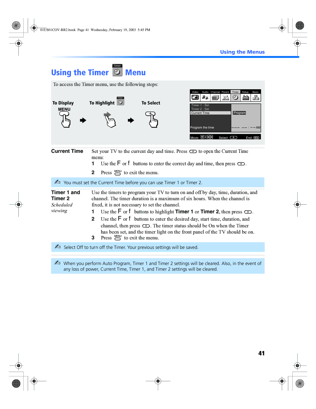 Sony KV 32FV310, KV 36FV310 manual Using the Timer Menu, To access the Timer menu, use the following steps, Timer 1 