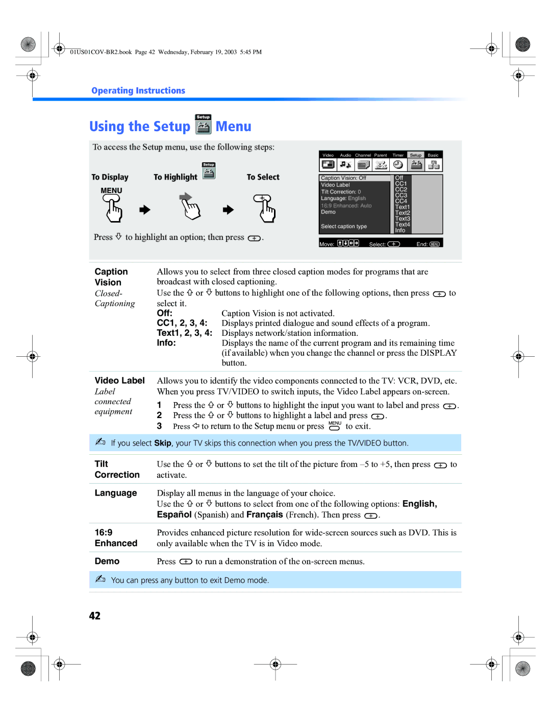 Sony KV-27FV310, KV-32FV310, KV-36FV310, KV 36FV310, KV 32FV310 manual Using the Setup Menu 