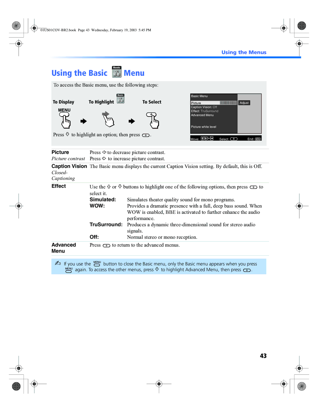 Sony KV 36FV310, KV 32FV310 manual Using the Basic Menu, To access the Basic menu, use the following steps 