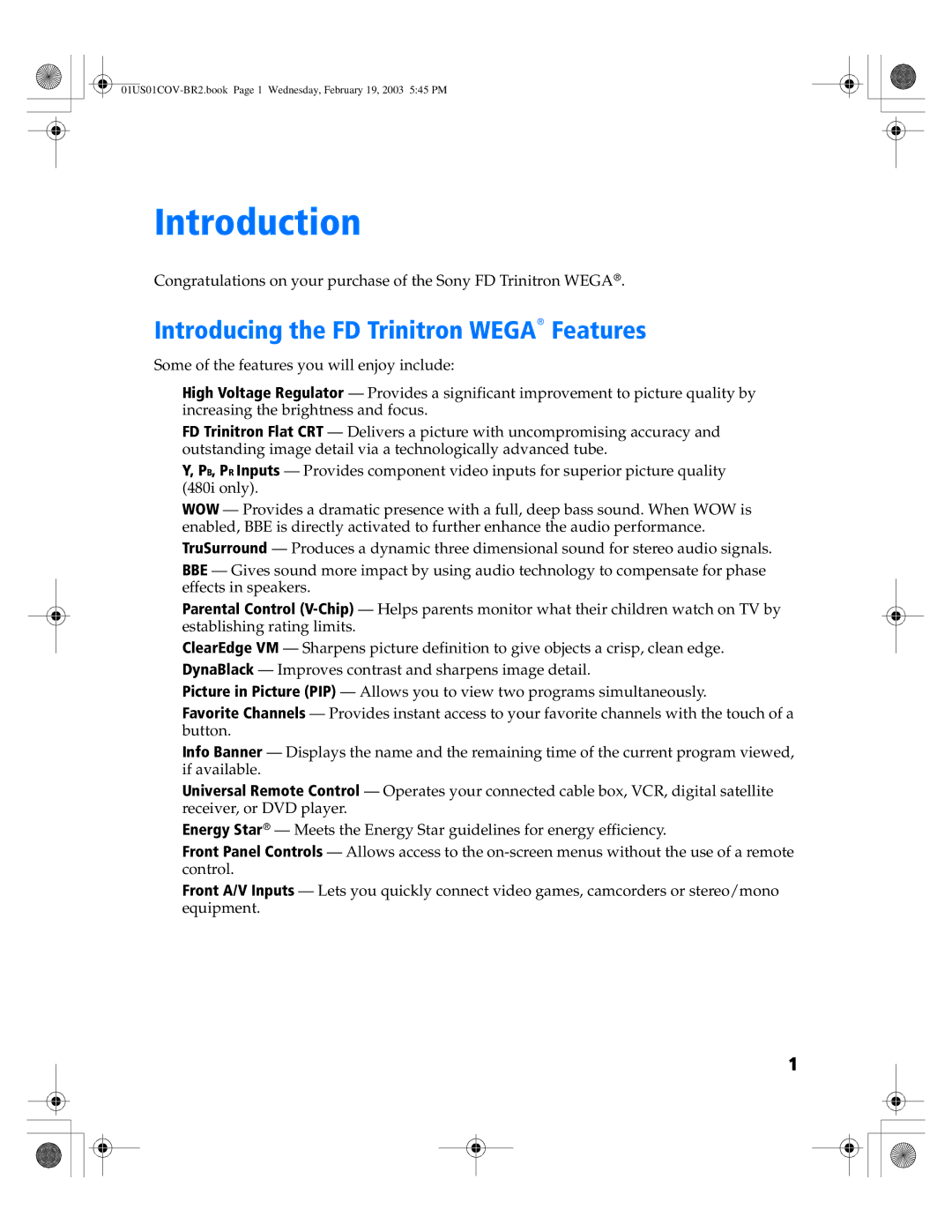 Sony KV 36FV310, KV 32FV310, KV-27FV310, KV-32FV310, KV-36FV310 Introduction, Introducing the FD Trinitron Wega Features 