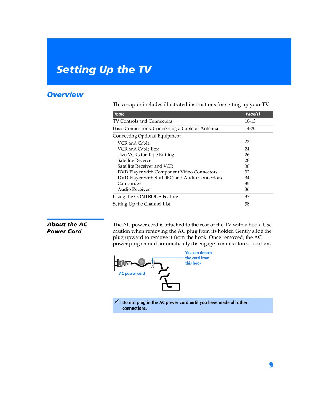 Sony KV 36HS500 manual Setting Up the TV, About the AC Power Cord 