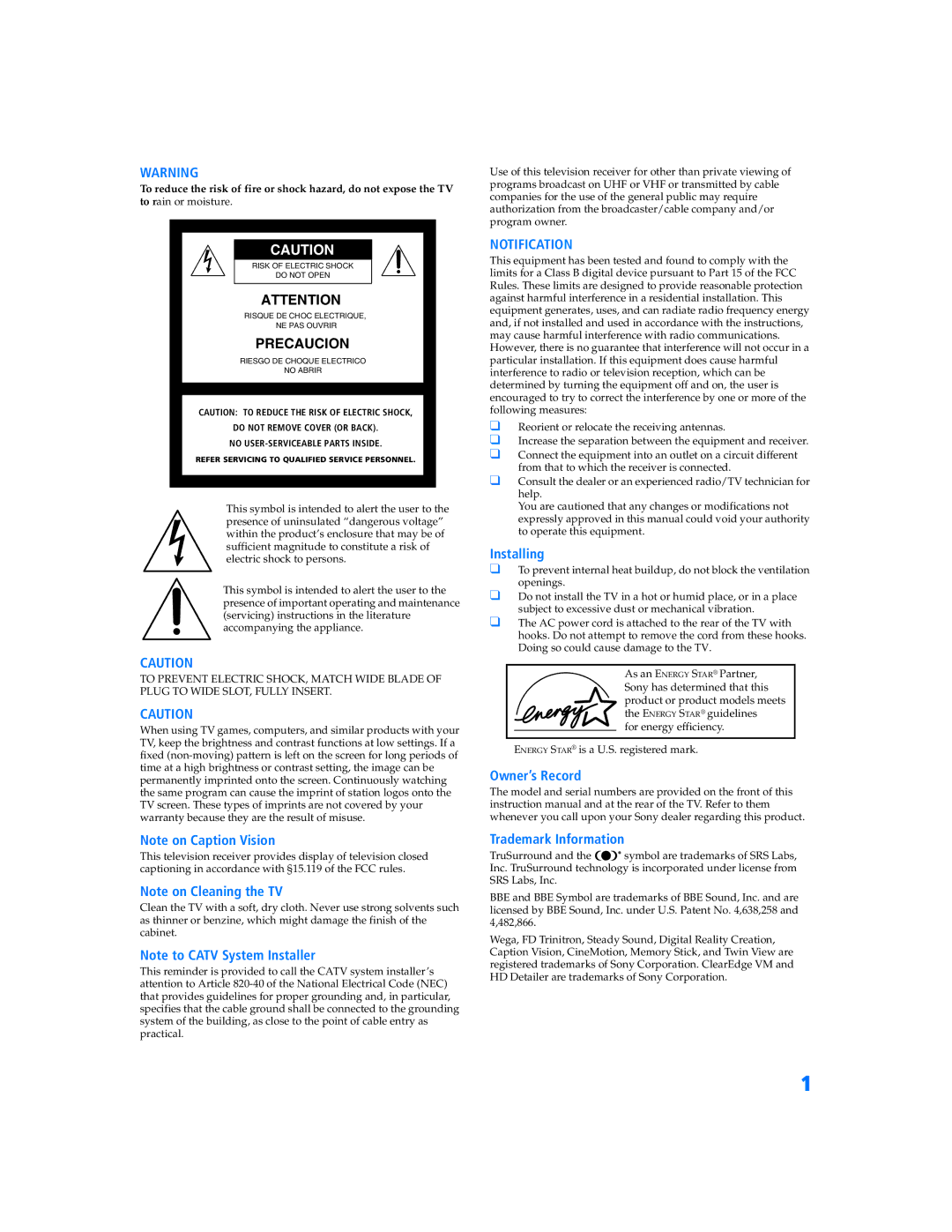 Sony KV 36HS500 manual Notification 