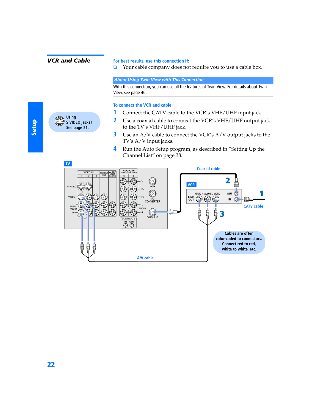 Sony KV 36HS500 manual VCR and Cable, Your cable company does not require you to use a cable box 