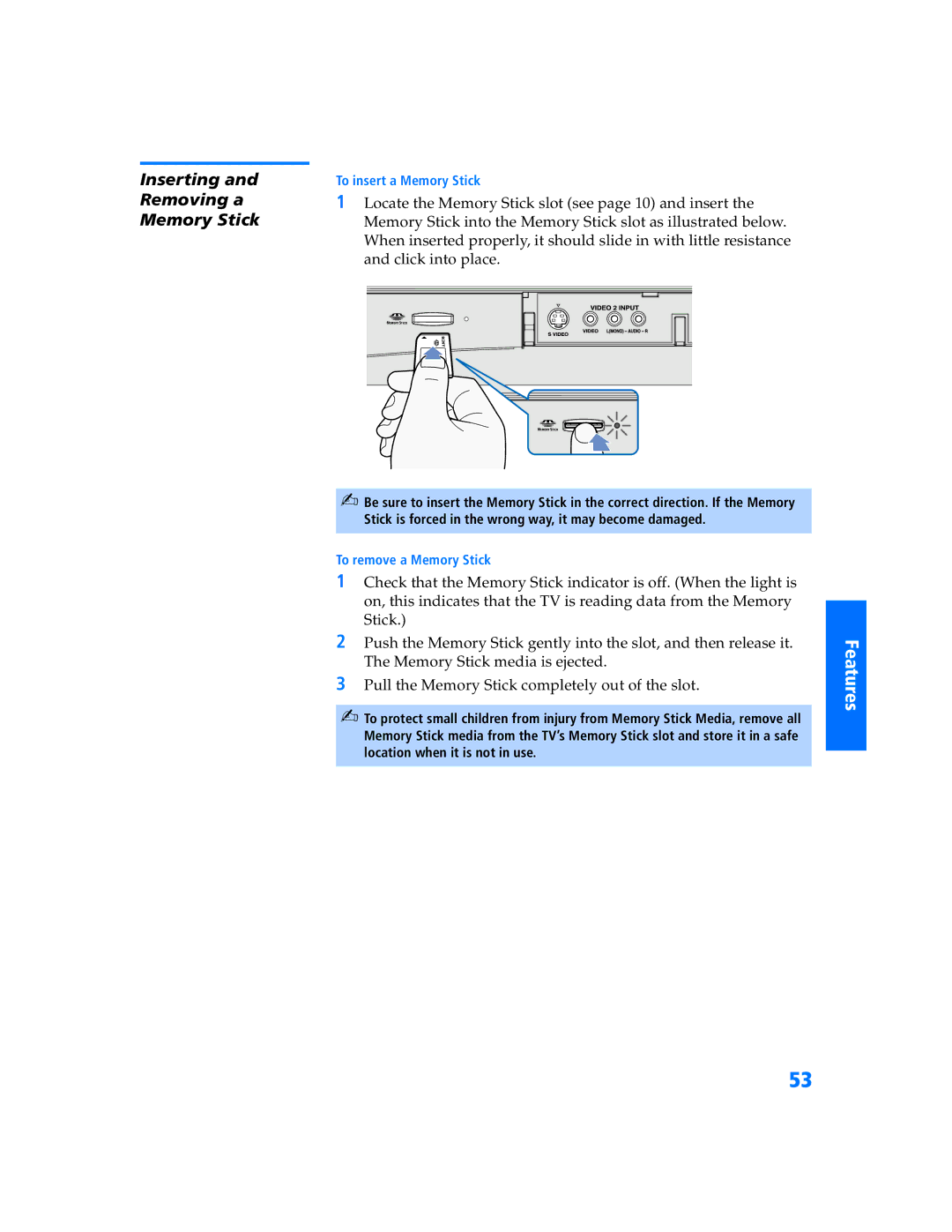 Sony KV 36HS500 manual Inserting Removing a Memory Stick 