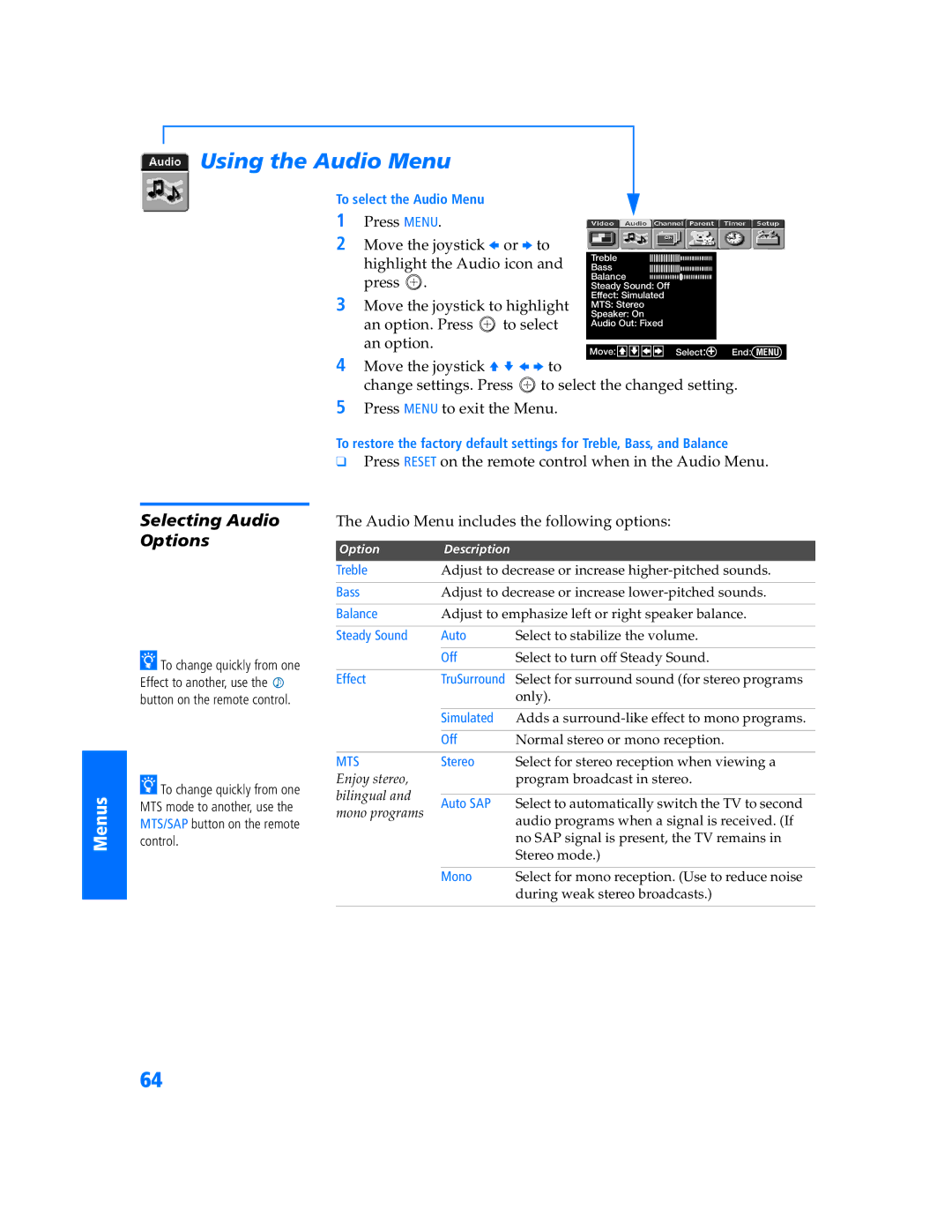 Sony KV 36HS500 manual Using the Audio Menu, Selecting Audio Options, Press Menu Move the joystick B or b to 