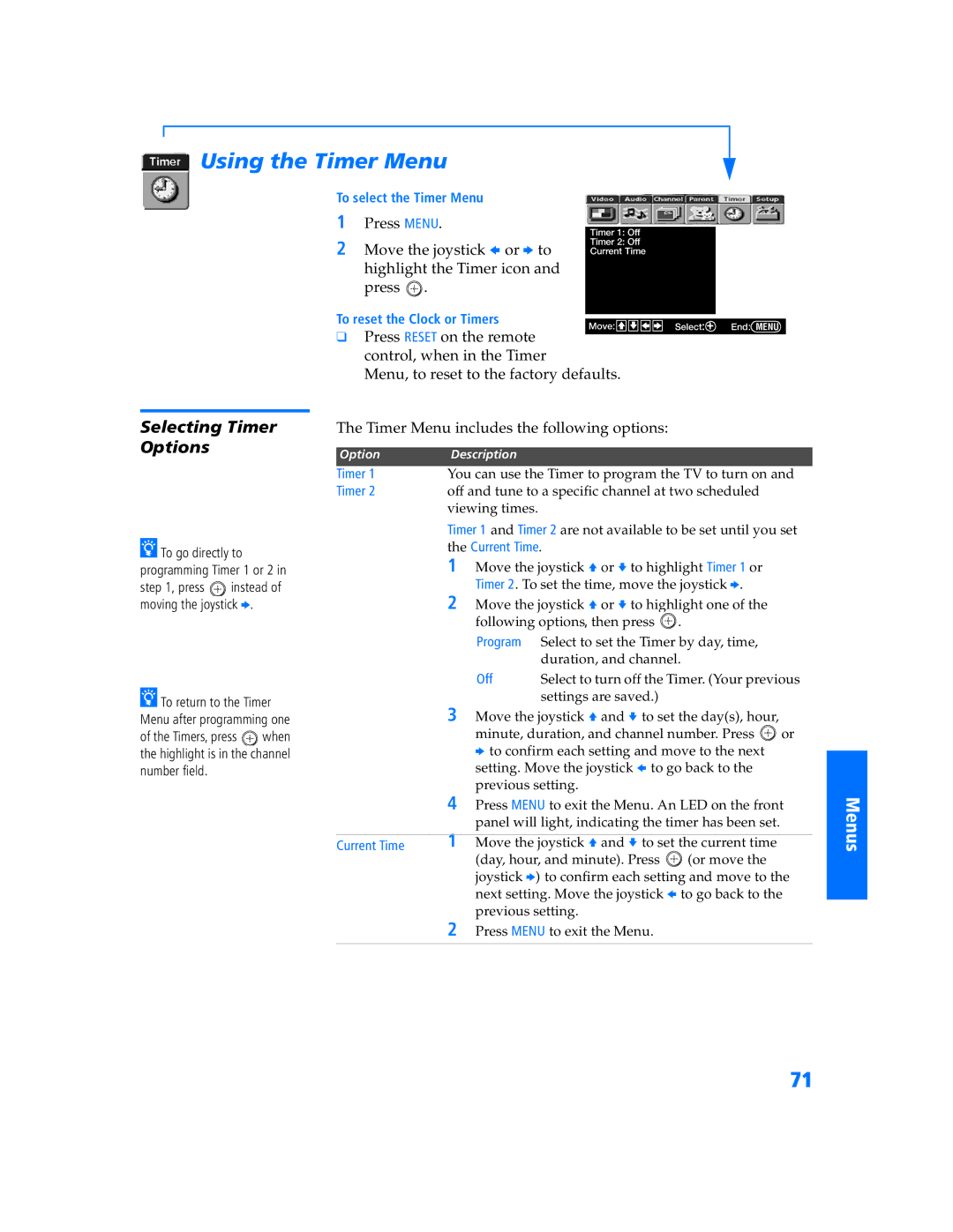 Sony KV 36HS500 manual Using the Timer Menu, Selecting Timer Options, Press Menu, Current Time 