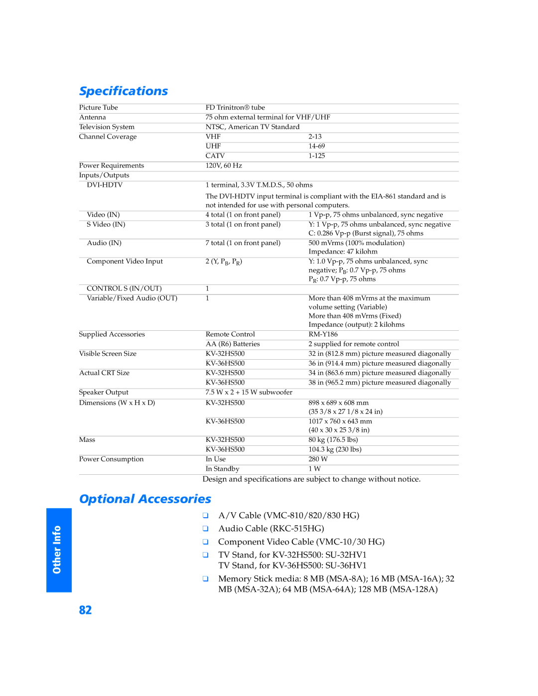 Sony KV 36HS500 manual Specifications, Optional Accessories 