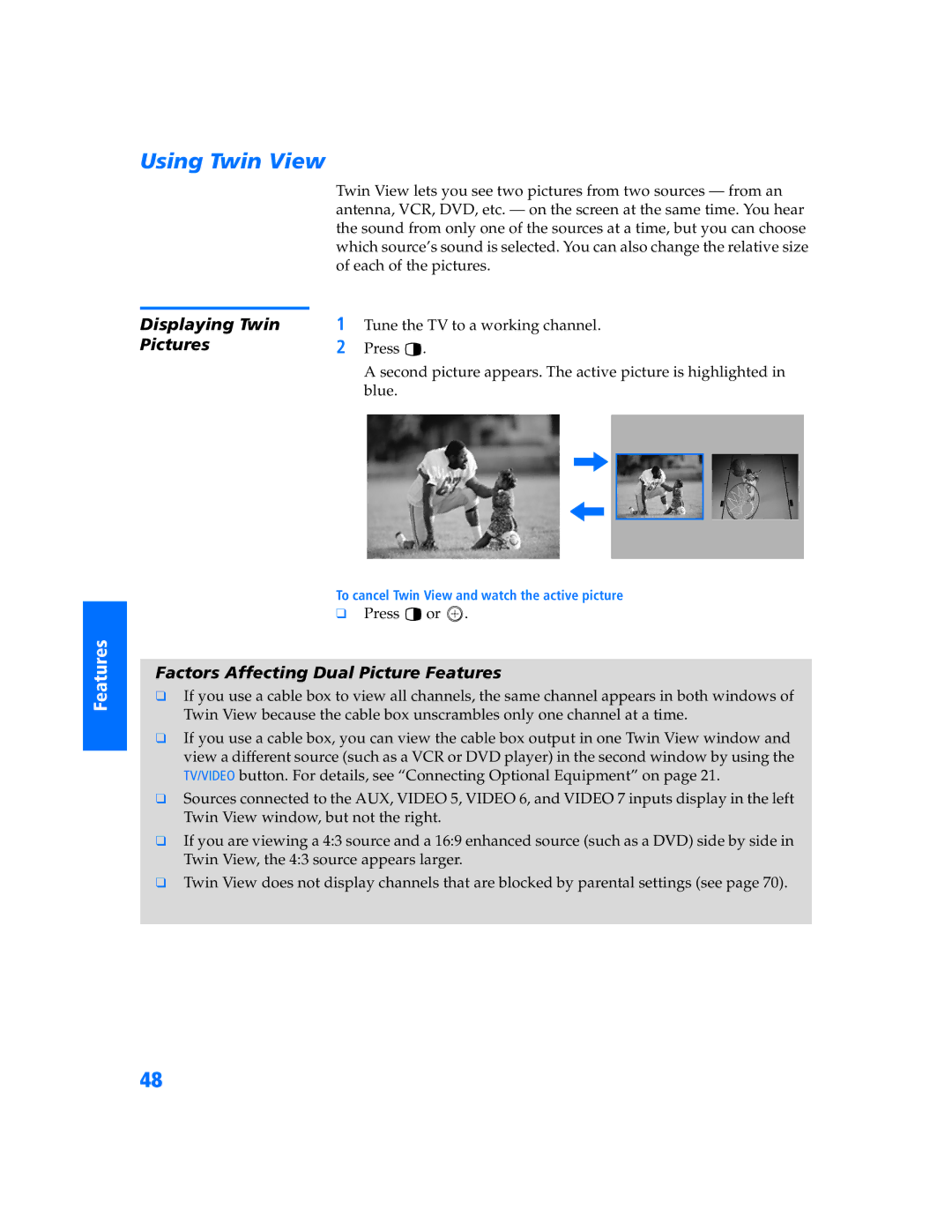 Sony KV-40XBR800, KV-36XBR800 manual Using Twin View, Displaying Twin, Pictures, Factors Affecting Dual Picture Features 