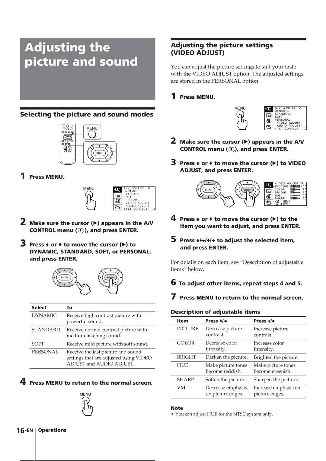 Sony KV-E29MF1S Adjusting the picture and sound, Selecting the picture and sound modes, Adjusting the picture settings 