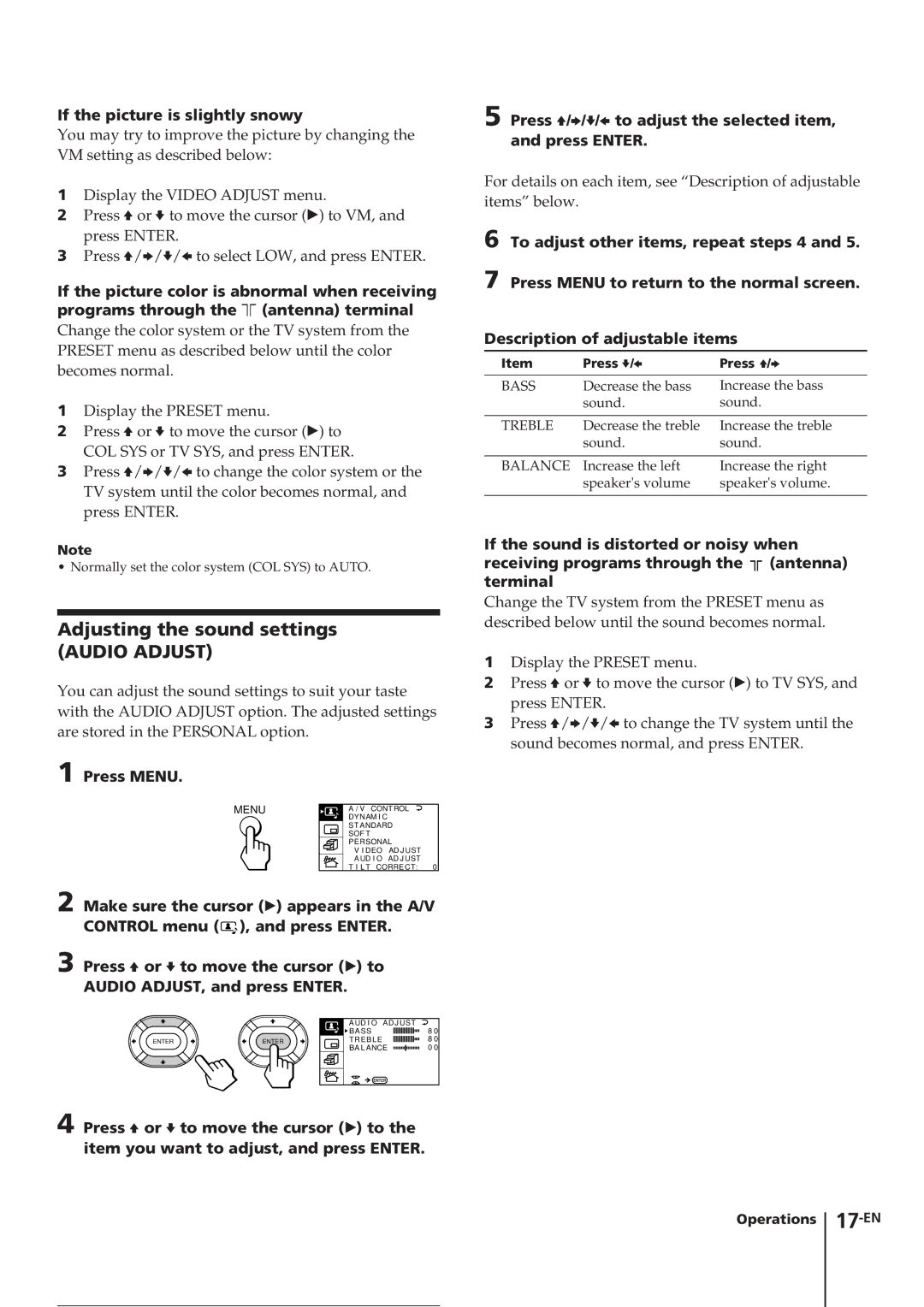 Sony KV-E29MH11, KV-E29MN11, KV-E29MF1S manual Adjusting the sound settings, If the picture is slightly snowy 