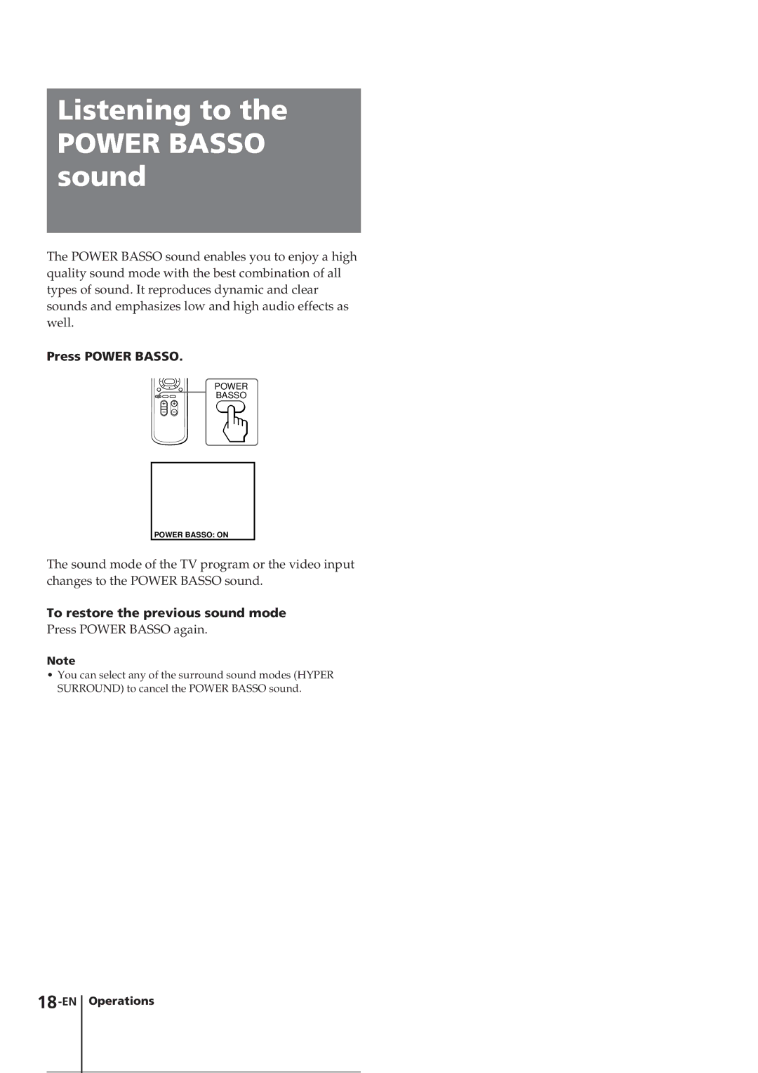 Sony KV-E29MN11, KV-E29MF1, KV-E29MH1 Listening to Power Basso sound, Press Power Basso, To restore the previous sound mode 