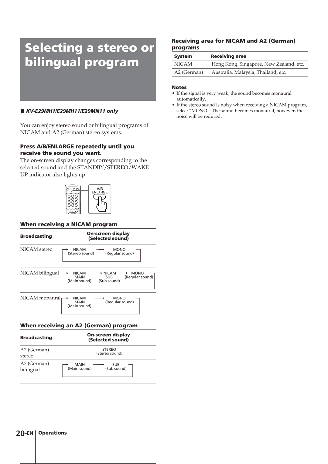 Sony KV-E29 Selecting a stereo or bilingual program, When receiving a Nicam program, When receiving an A2 German program 